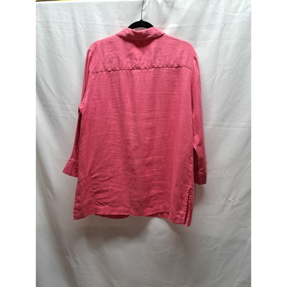 JM Collection Pink Linen Button Up Flap Pocket V-Neck Blouse 120 - Picture 2 of 6
